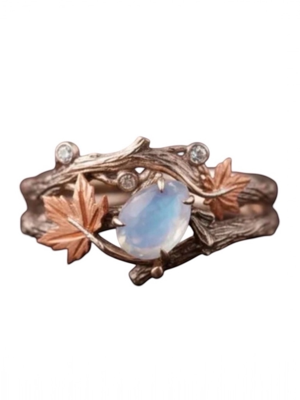Antiqued Gold Plated Nature Inspired Moonstone Leaf Ring. New.
